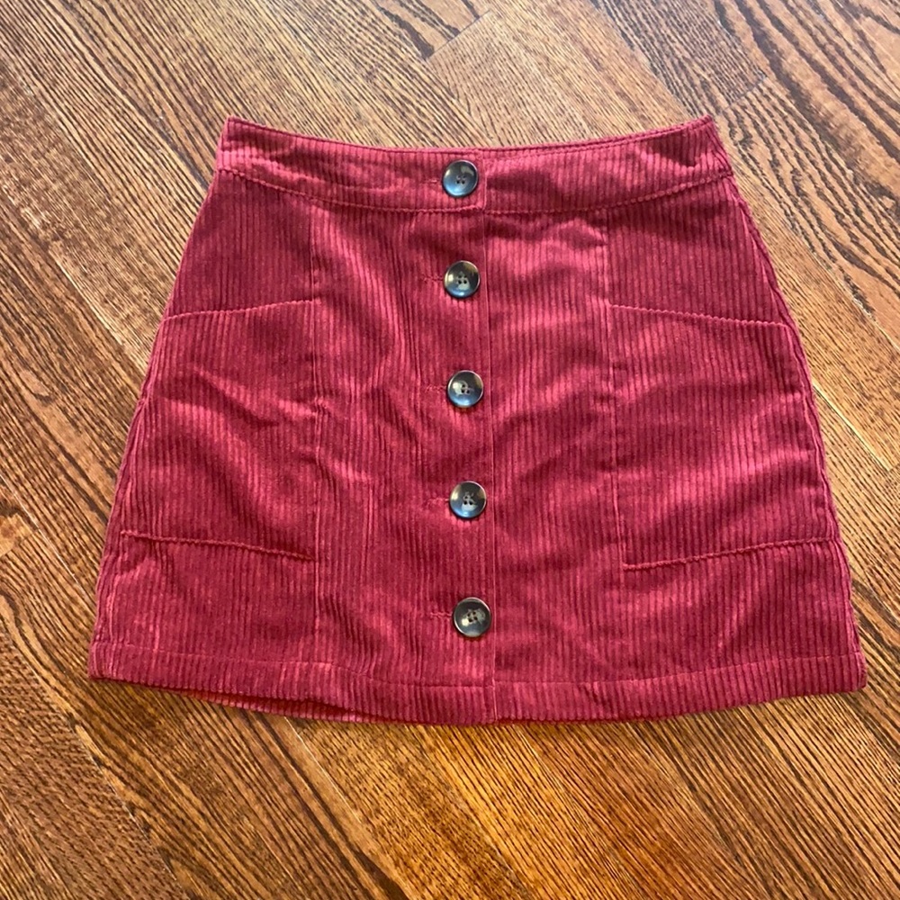 Topshop Red Velvet Corduroy Button Front Skirt